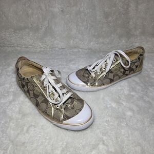 Coach Barrett Gold Signature Monogram Jacquard Canvas Low Top Sneakers 9.5 B